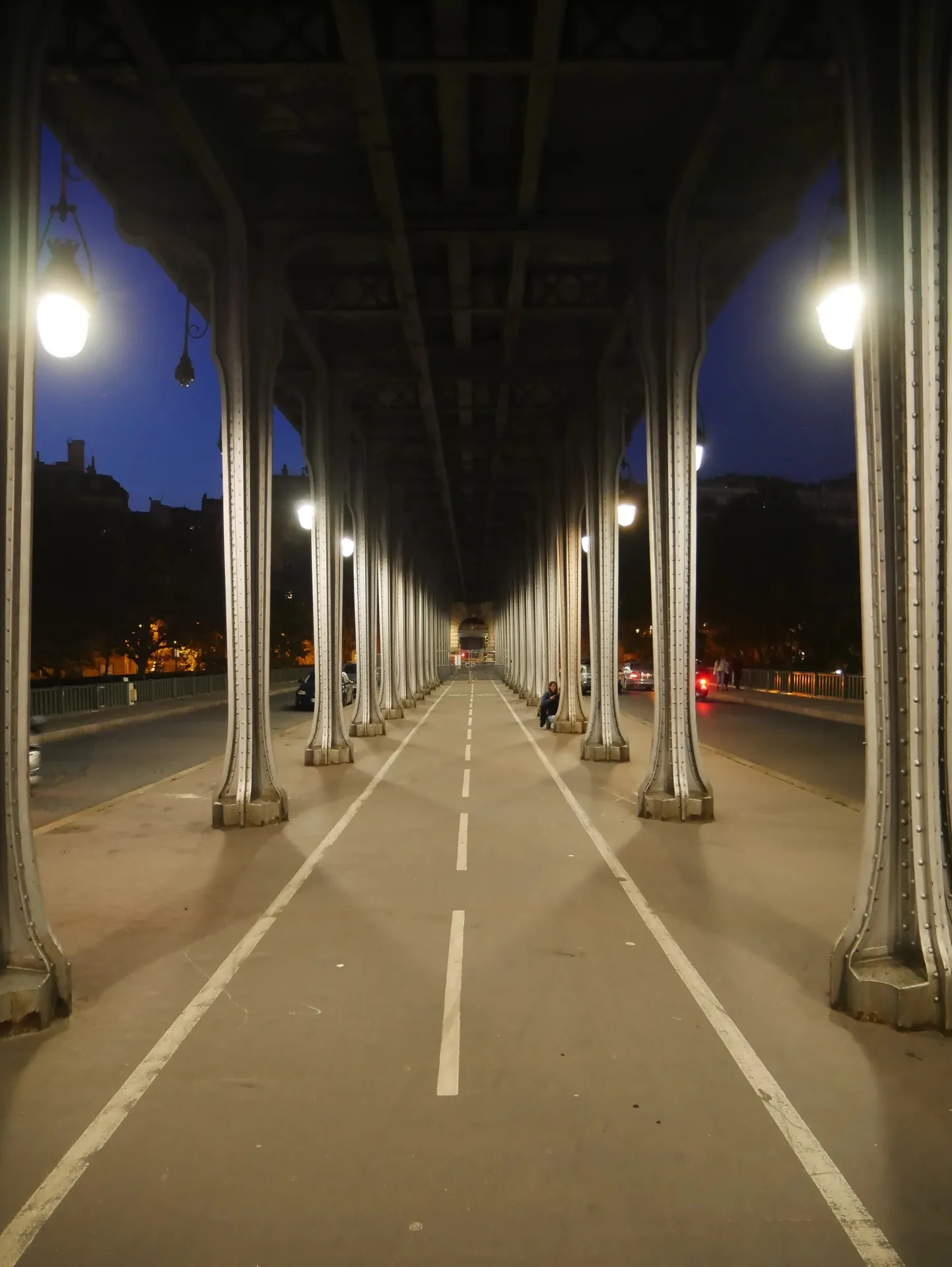Pont de Bir-Hakeim à Paris la nuit avec colonnes métalliques en perspective symétrique
