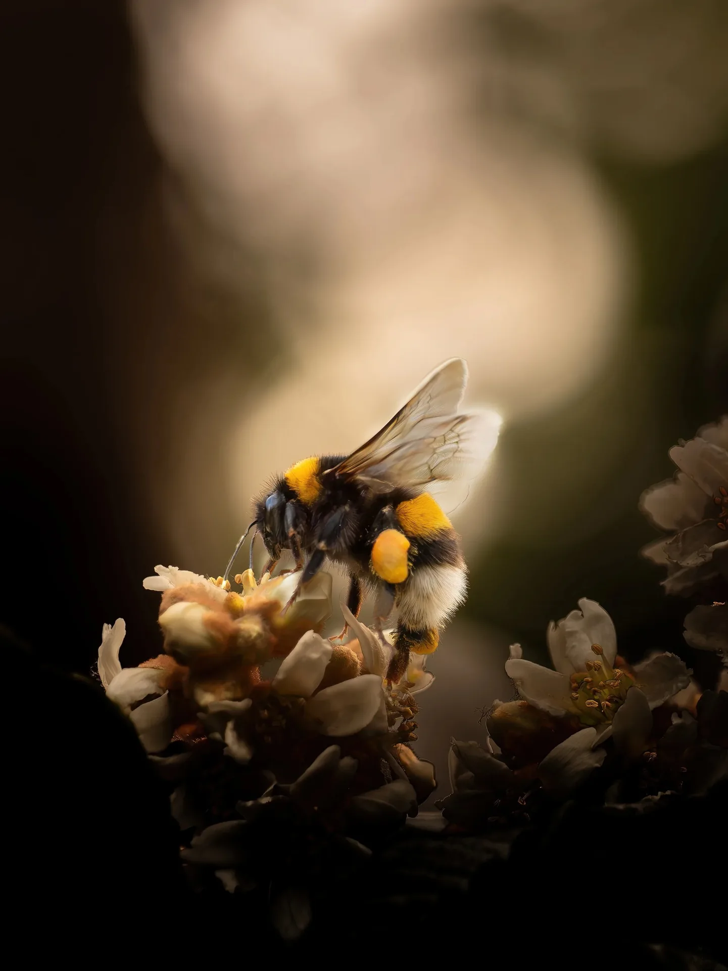 Bourdon en gros plan sur une fleur avec fond sombre